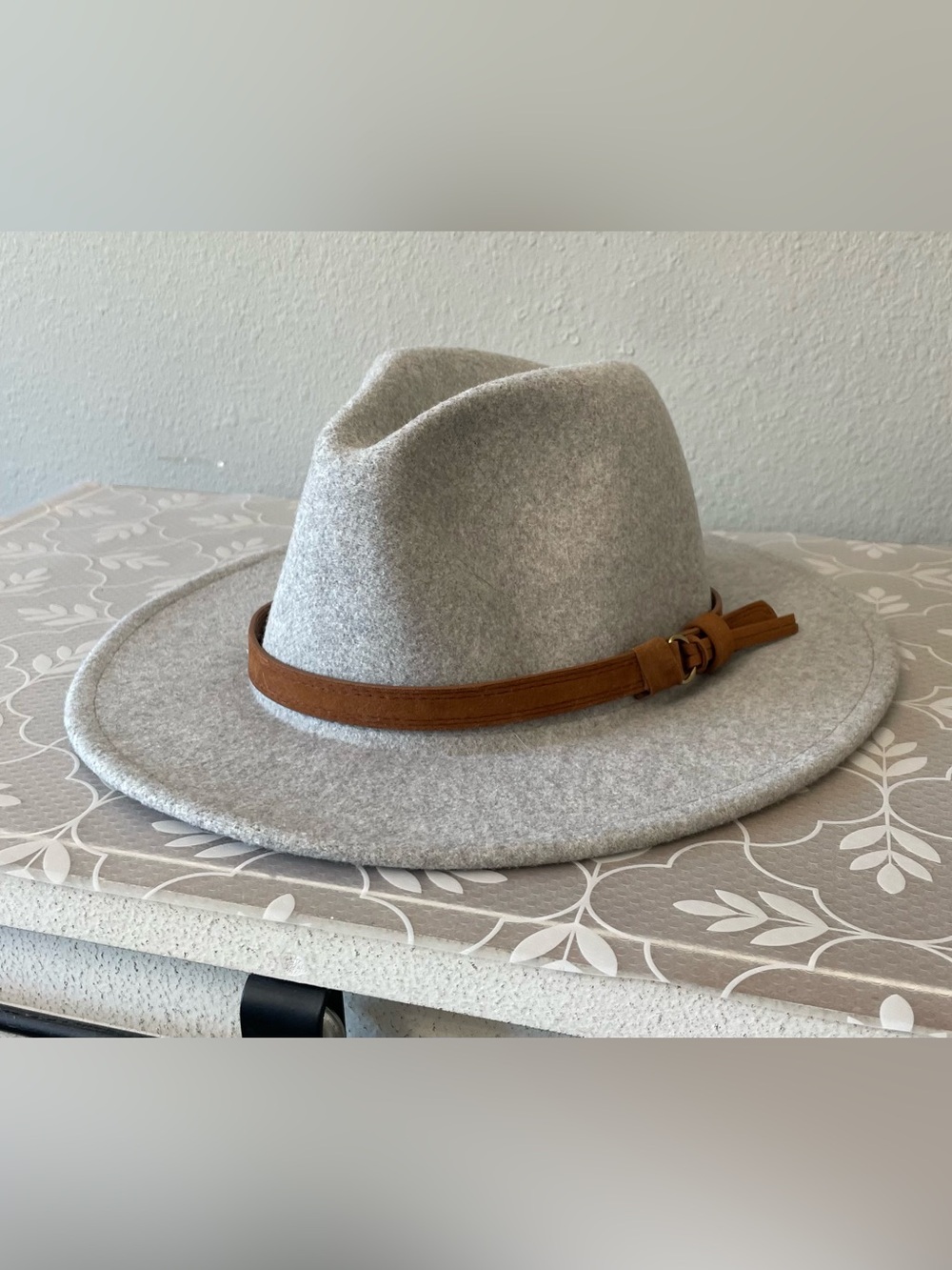 Gray Wool Blend Wide Brim Fedora Hat Brown Band Boho Western Unisex